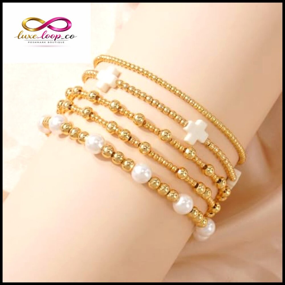 Gold Beaded Stretch Bracelets Stackable Boho Chri… - image 3